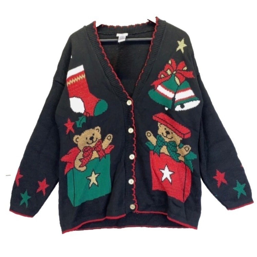 HOLIDAY TIME Christmas Sweater Cardigan BLACK/RED GREEN Teddy Bears Stockings S